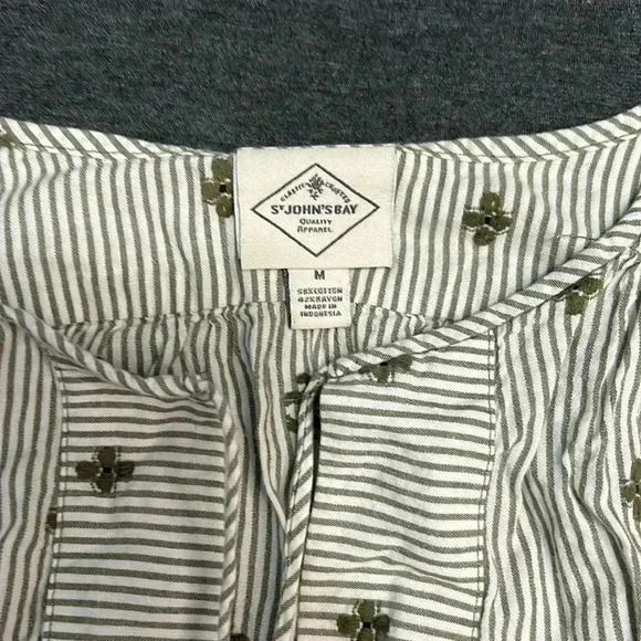 St. John’s Bay shirt size medium, olive green stripes and white. - Picture 2 of 5
